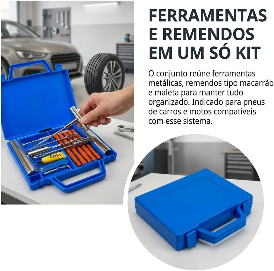 Kit Reparo de Pneu 12 Peças com Maleta Macarrão Carro Moto Bike sem Câmara — foto 4