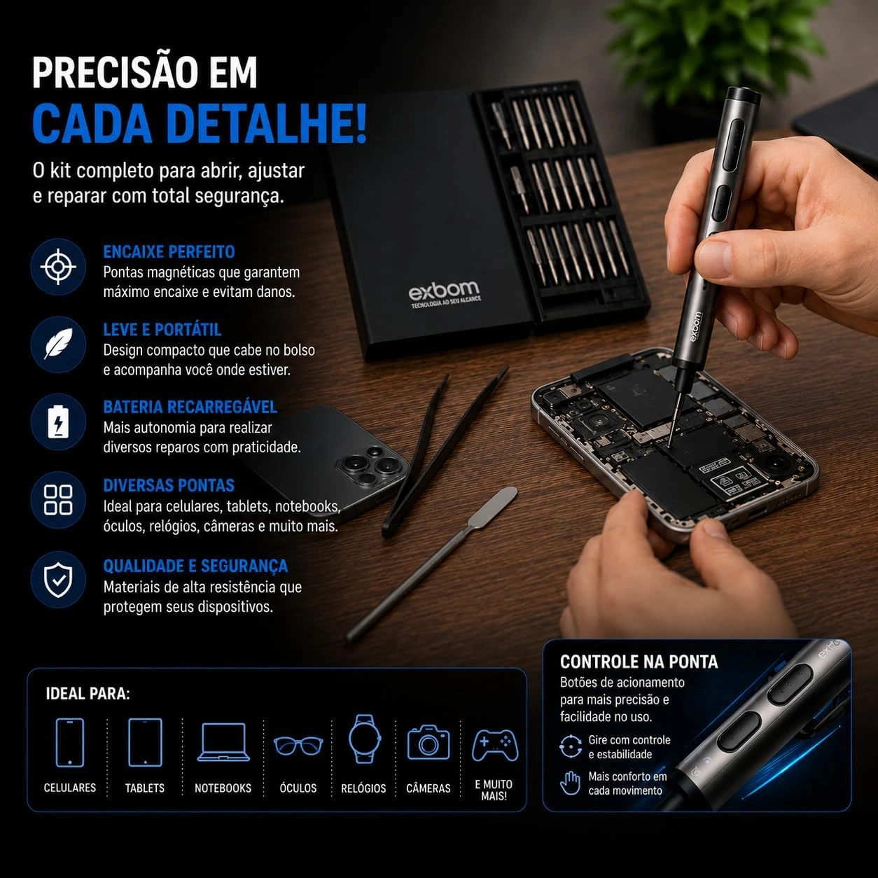 Parafusadeira de Precisão Elétrica Recarregável USB-C com 68 Pontas Magneticas Ideal para Manutenção em Celular Tablet Computador Notebook Console Gamer Brinquedos Smart Watchs e Eletrôdomesticos — foto 3