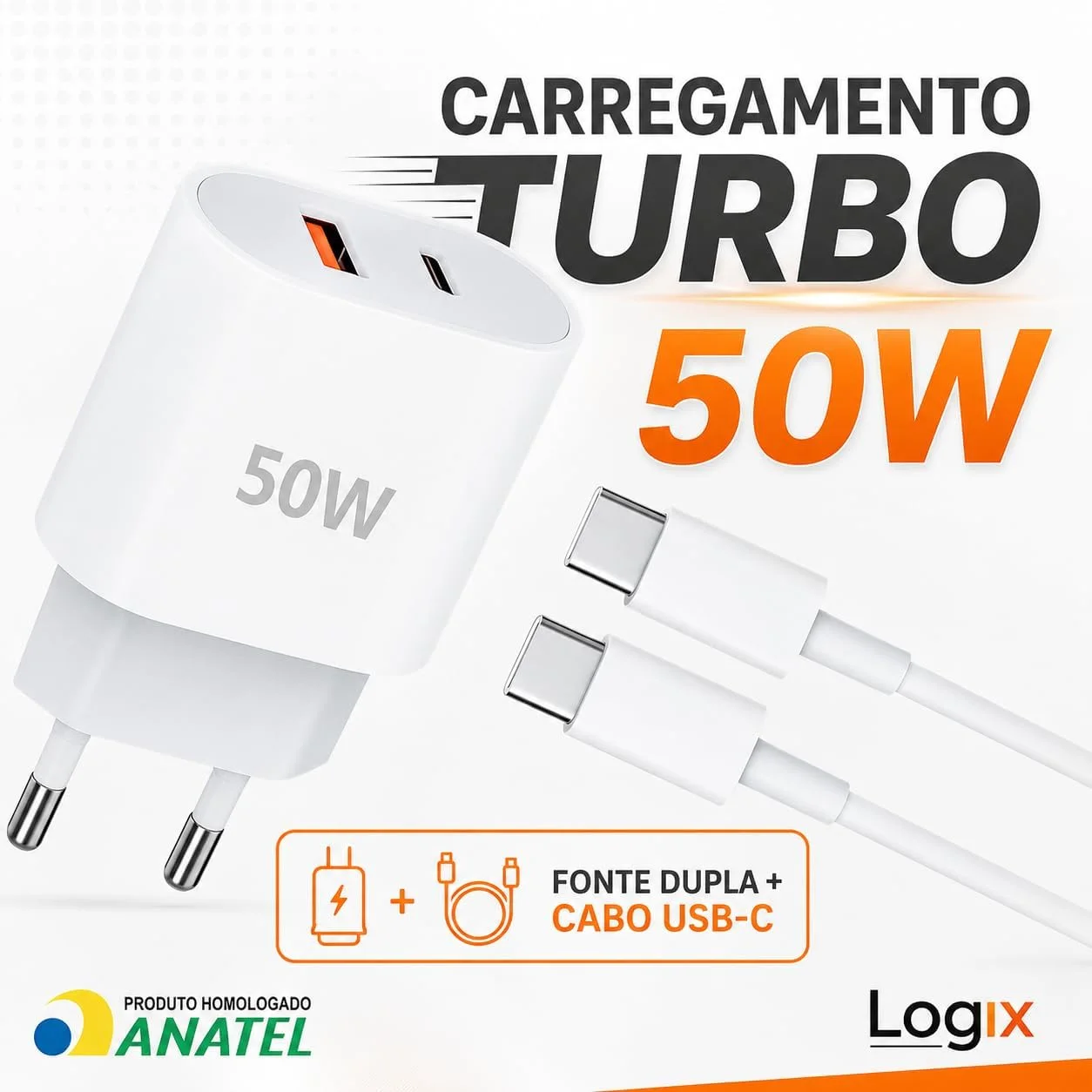 Carregador Rápido 50W  Cabo Tipo C, 2 Entradas USB e USB-C - Fonte de Carregamento Turbo Power Delivery – Dupla Saída para Celulares, Tablets e Dispositivos USB — foto 2