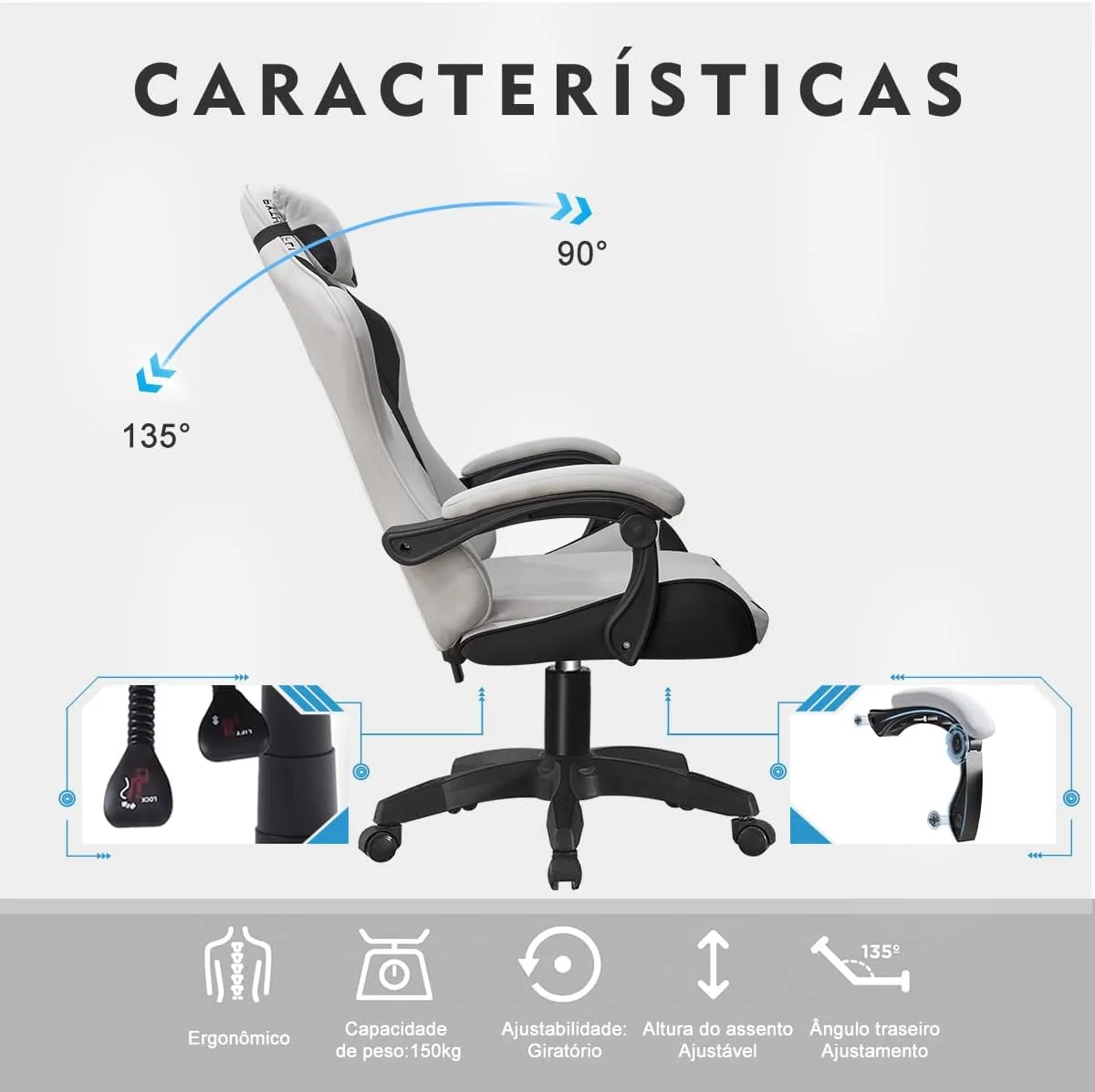 Cadeira Gamer Python Fly em tecido, respirável e ecológica, ângulo ajustável (Cinza Claro) — foto 6