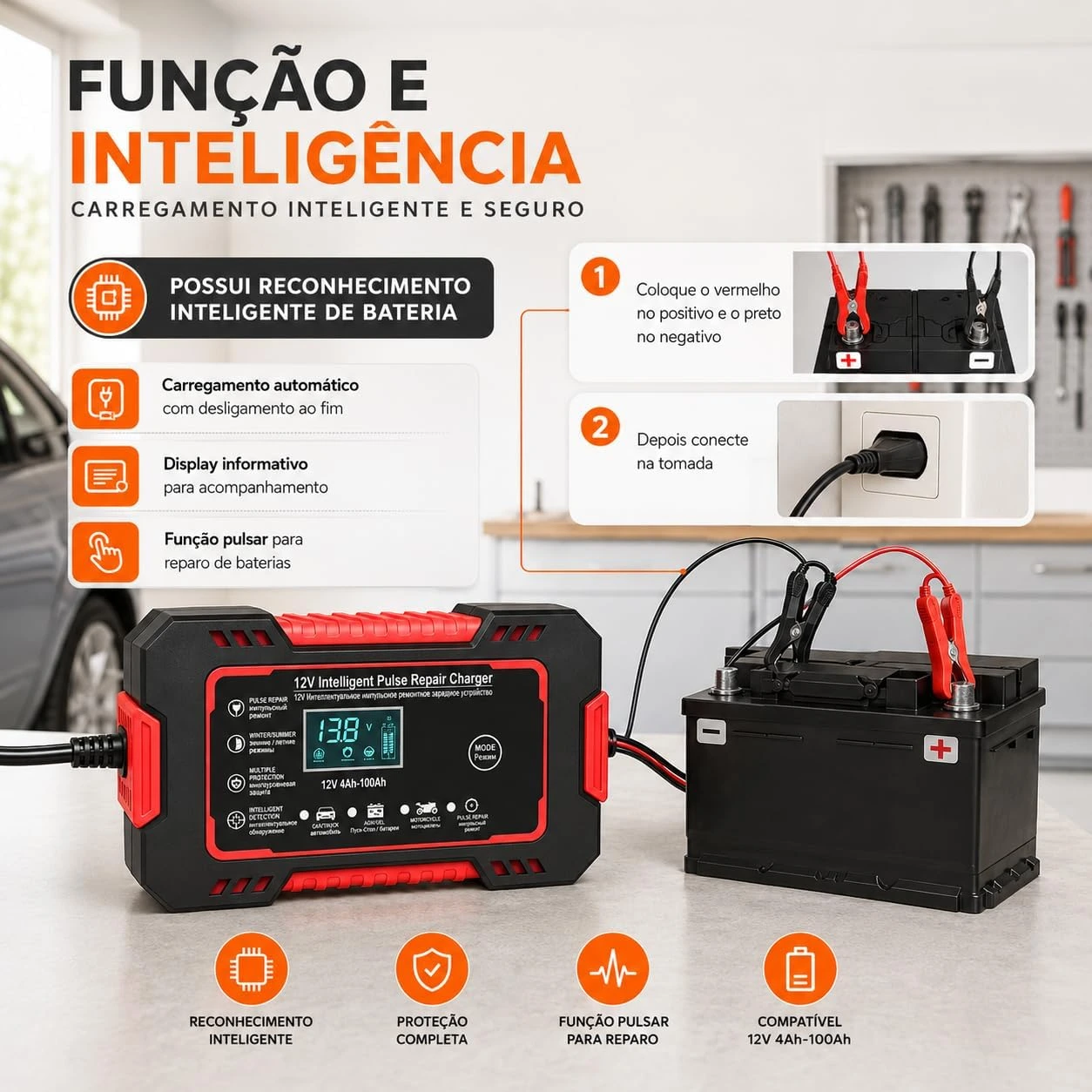 Carregador de Bateria Inteligente 12V 6A Bivolt com Display Digital, Proteção Contra Sobrecarga, Curto-Circuito e Superaquecimento para Carro, Moto e Caminhão — foto 4