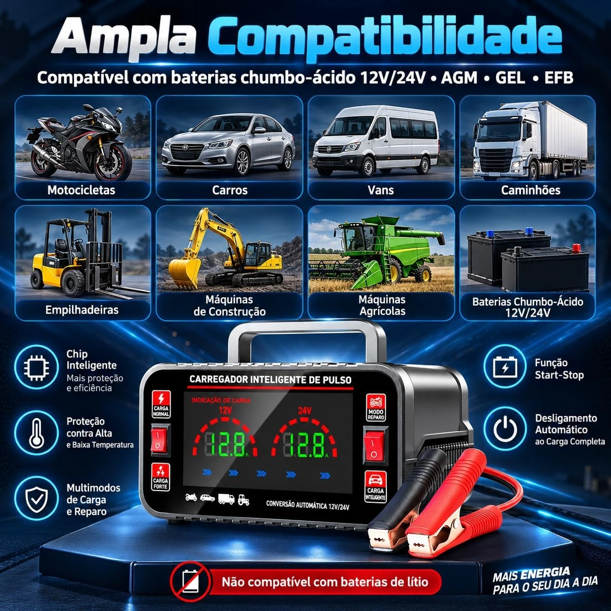 Carregador de Bateria Inteligente 12V24V para Carro e Moto — foto 7