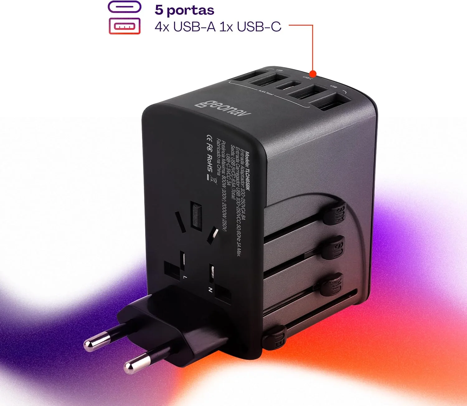 Geonav Carregador Universal com Adaptadores de Viagem, 4 Portas USB  1 USB-C (Preto) — foto 4