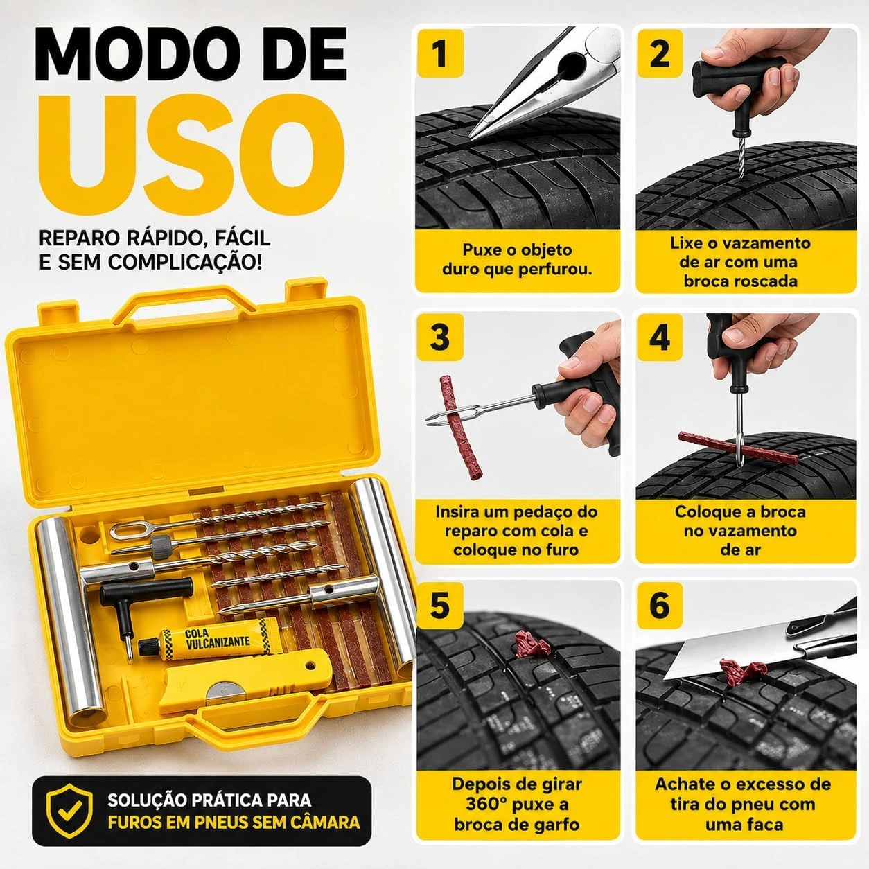 Kit Reparo de Pneu Sem Câmara 12 Peças com Maleta, Macarrão Vulcanizante, Escariador, Aplicador em T, Cola, Estilete, Kit Emergência para Carro, Moto, SUV, Caminhonete e Utilitários Premium — foto 4