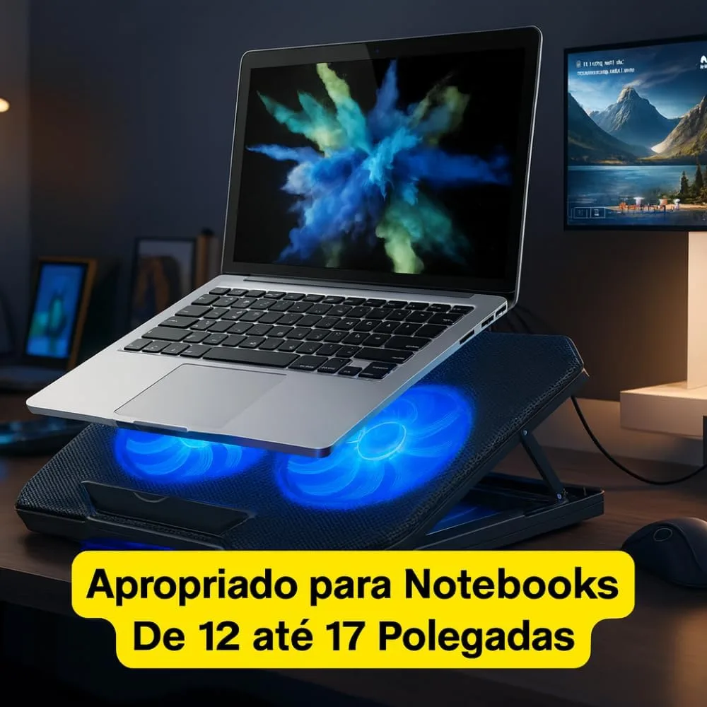 Suporte para Notebook Base Ergonômica Silencioso LED Azul 8 Níveis de Altura Refrigerada com 2 Coolers Potentes e com Suporte de Celular Integrado Premium — foto 3