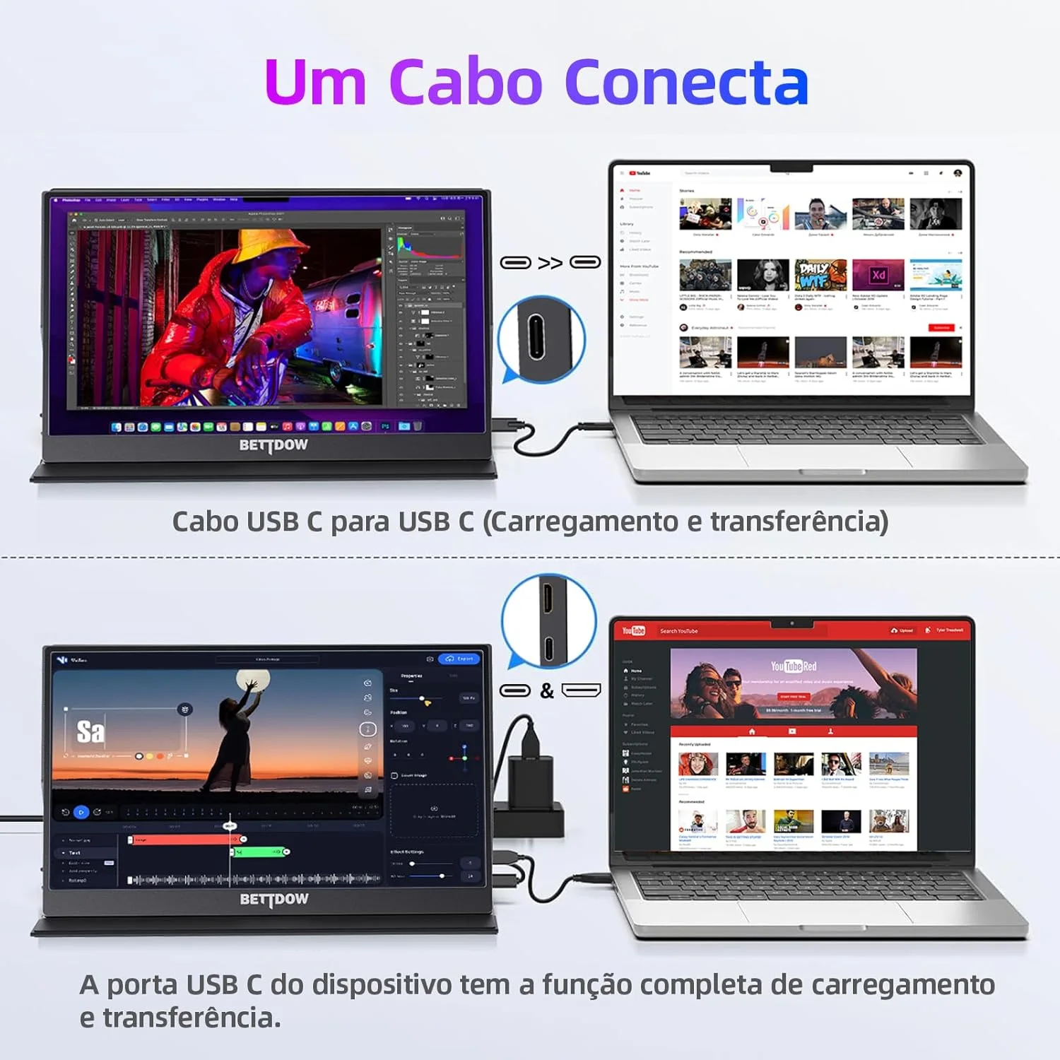 Bettdow Monitor Portatil 15,6, FHD 1080P Monitor Portátil Conectado Com USB C DuplaHDMI, IPS Extensor De Tela para Notebook com VESA e Funda Inteligente magnético, Plug and Play — foto 7