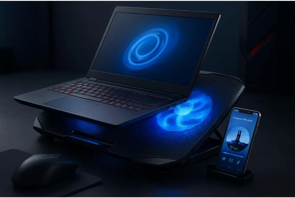 Suporte para Notebook Base Ergonômica Silencioso LED Azul 8 Níveis de Altura Refrigerada com 2 Coolers Potentes e com Suporte de Celular Integrado Premium — foto 2