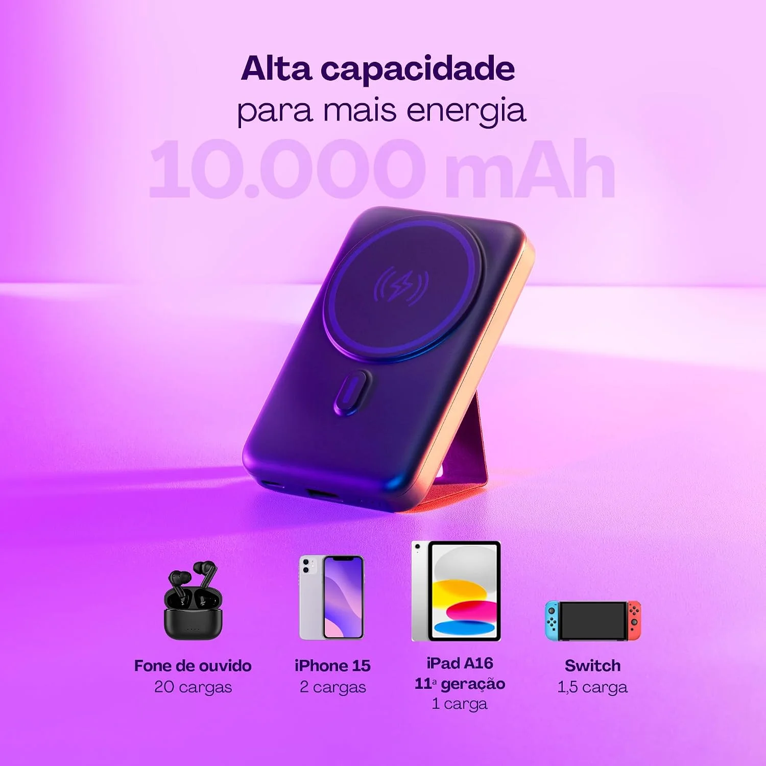 Geonav Power Bank, Carregador Portátil Universal por Indução 10.000mAh, Carregamento rápido, Suporte Dobrável, Compatível com MagSafe, PB10MAGSG, Cinza — foto 5