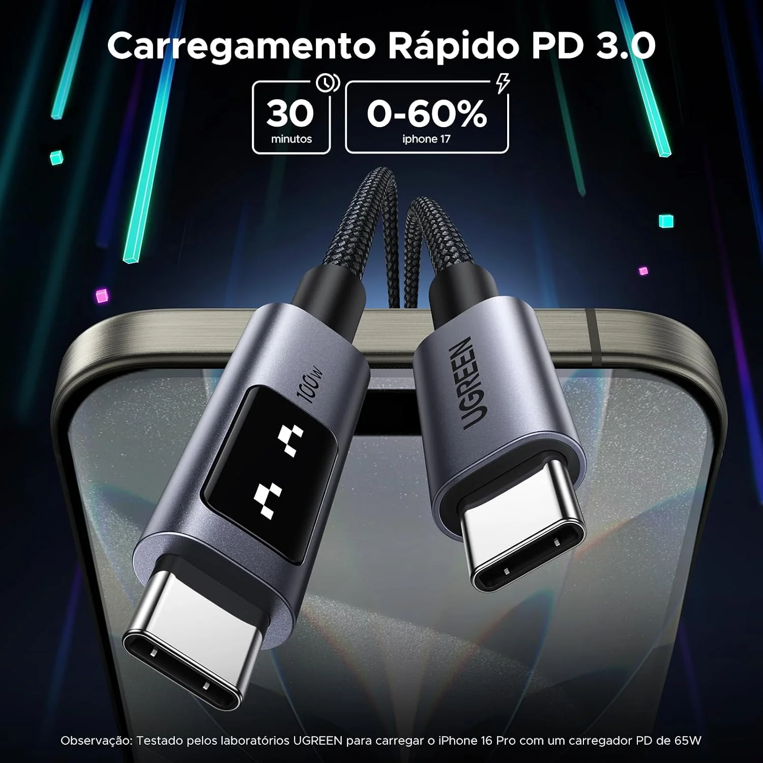 UGREEN Uno Cabo USB-C para USB-C Turbo 100W 2M com Tela — foto 3
