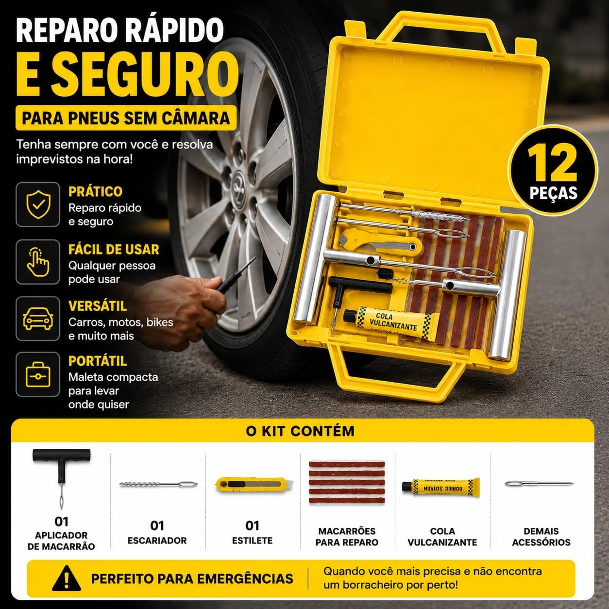 Kit Reparo de Pneu Sem Câmara 12 Peças com Maleta, Macarrão Vulcanizante, Escariador, Aplicador em T, Cola, Estilete, Kit Emergência para Carro, Moto, SUV, Caminhonete e Utilitários Premium — foto 6