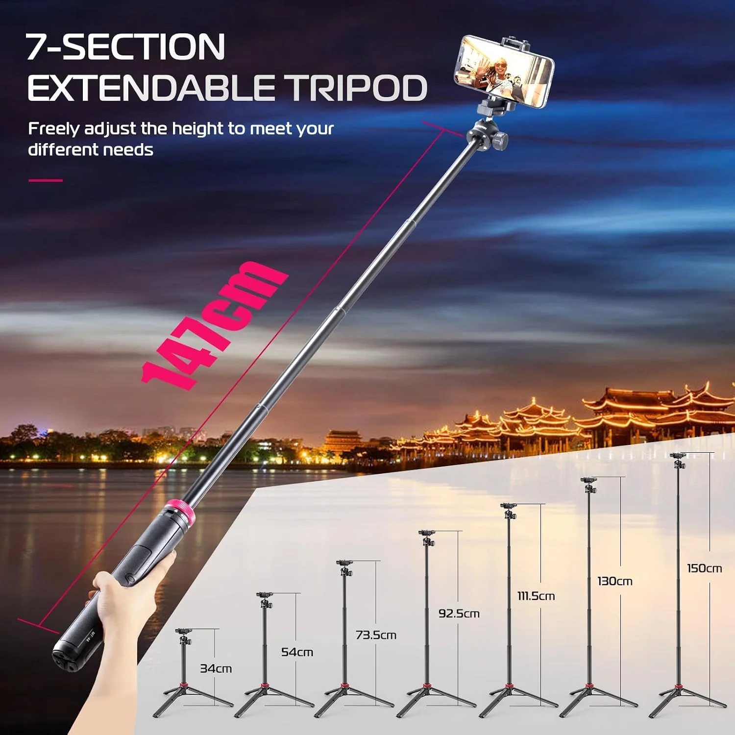 ULANZI MT-44 Tripé para Celular Extensível, 150cm com Clip 2 em 1 e Cabeça Esférica 360 para iPhoneSonyCanonDJI Osmo Action, Tripé de Viagem Leve — foto 3
