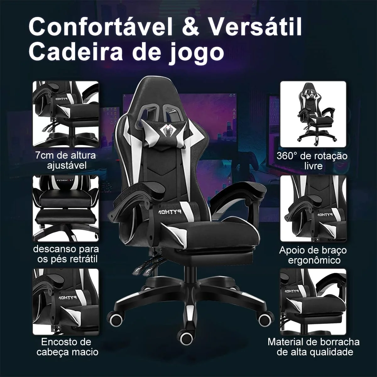 Cadeira Ergonomica Gamer Com Apoio Para Os Pés Branco — foto 3