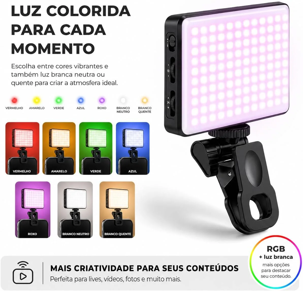 Luz de Preenchimento LED, Luz para Gravar Vídeo RGB 12x7cm 4,7 com Clipe Ajustável — Para Celular Notebook Câmera Iluminação Ideal para Selfie — foto 3