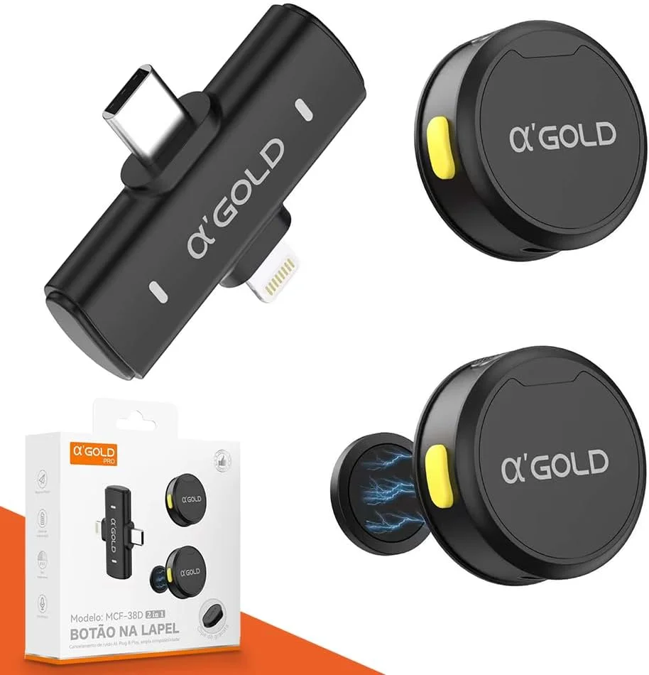 Microfone de Lapela Sem Fio Bluetooth Kit 2 Microfonones Abafamento de Ruído Até 10 Horas Tempo de Trabalho Compatível com Camera, iPhone, Android, PC - Conexão Android e USB-C - Linha AGold Premium — foto 1