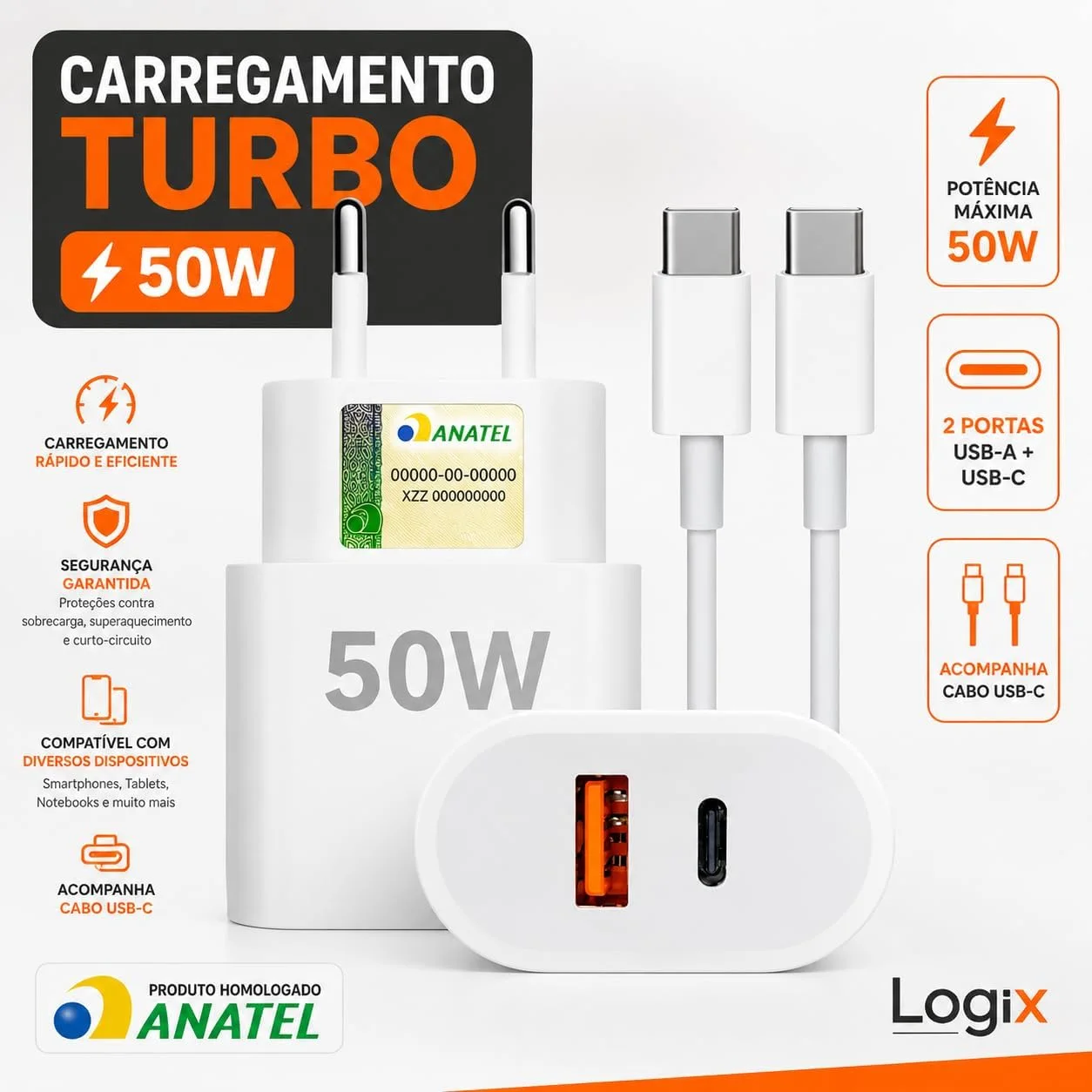Carregador Rápido 50W  Cabo Tipo C, 2 Entradas USB e USB-C - Fonte de Carregamento Turbo Power Delivery – Dupla Saída para Celulares, Tablets e Dispositivos USB — foto 3