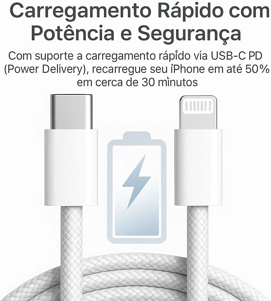 Cabo Carregador Turbo USB-C 1 Metro Trançado De Nylon Branco Compativel Com Iphone 14,13,12,11,X e XR — foto 2