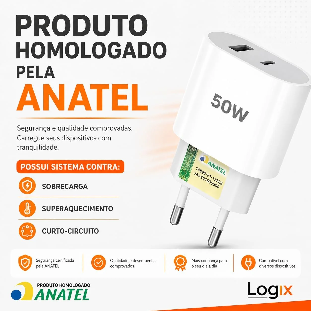 Carregador Rápido 50W  Cabo Tipo C, 2 Entradas USB e USB-C - Fonte de Carregamento Turbo Power Delivery – Dupla Saída para Celulares, Tablets e Dispositivos USB — foto 5