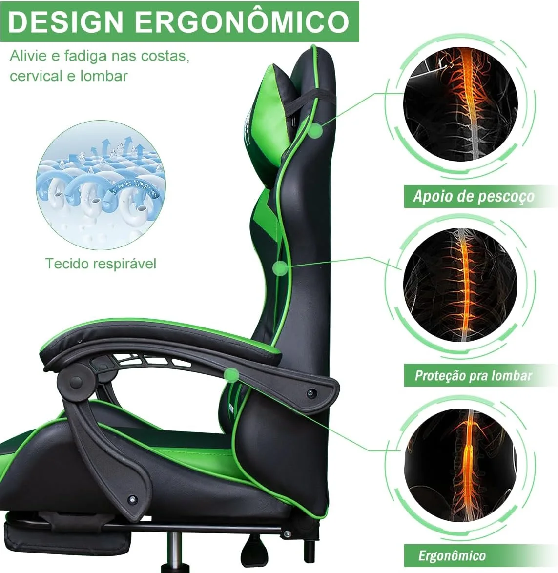 Cadeira Ergonomica Gamer Com Apoio Para Os PésVerde) — foto 5