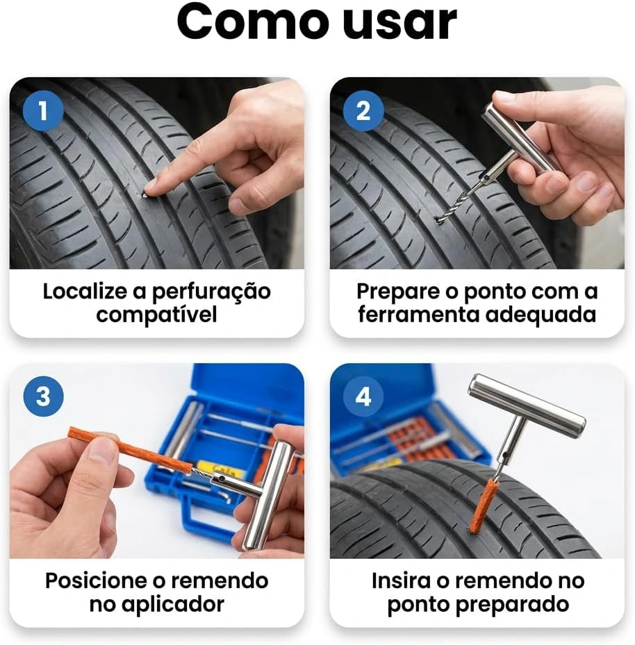 Kit Reparo de Pneu 12 Peças com Maleta Macarrão Carro Moto Bike sem Câmara — foto 6