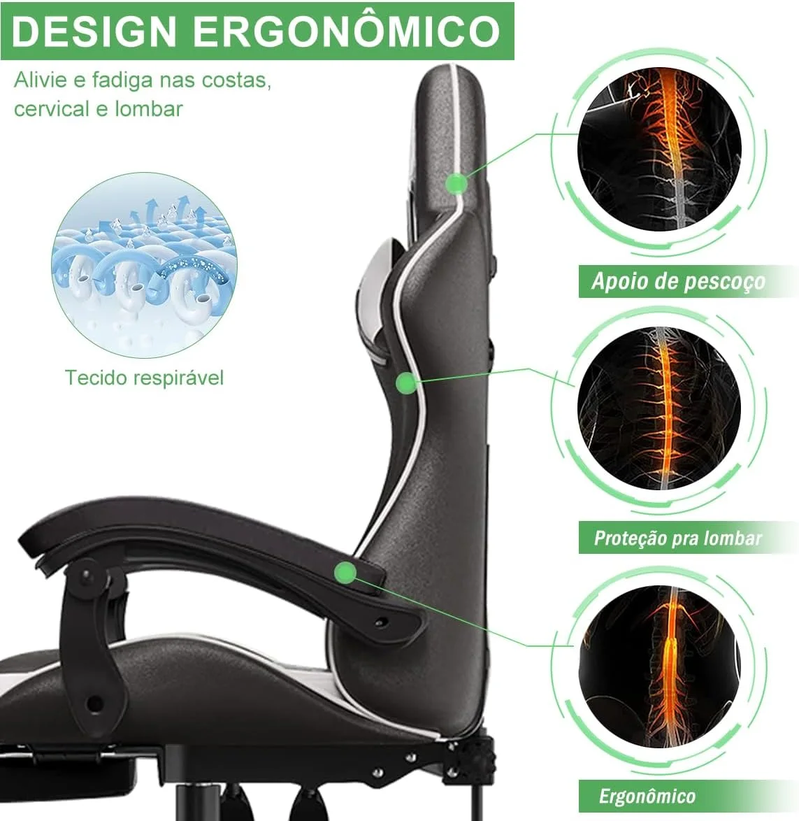 Cadeira Ergonomica Gamer Com Apoio Para Os Pés Branco — foto 5