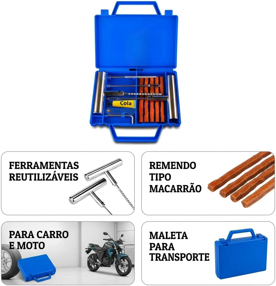 Kit Reparo de Pneu 12 Peças com Maleta Macarrão Carro Moto Bike sem Câmara — foto 5