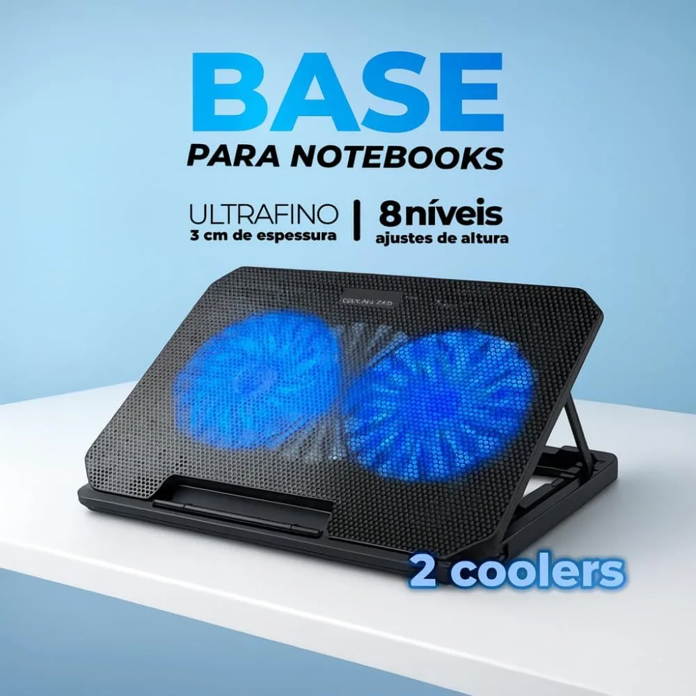 Suporte para Notebook Base Ergonômica Silencioso LED Azul 8 Níveis de Altura Refrigerada com 2 Coolers Potentes e com Suporte de Celular Integrado Premium — foto 4