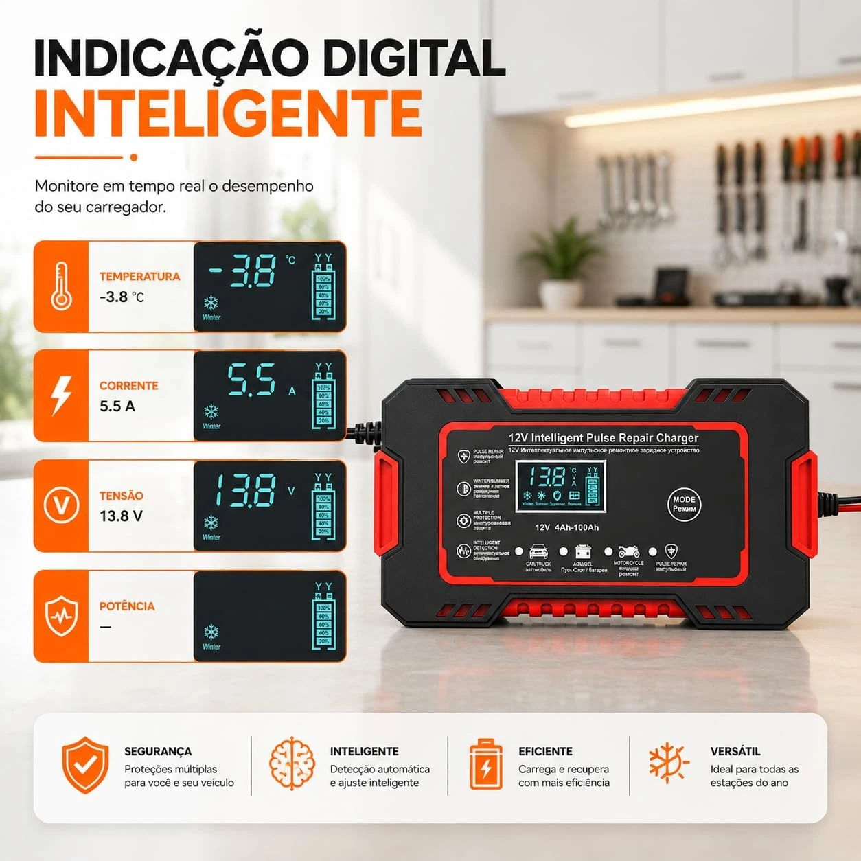 Carregador de Bateria Inteligente 12V 6A Bivolt com Display Digital, Proteção Contra Sobrecarga, Curto-Circuito e Superaquecimento para Carro, Moto e Caminhão — foto 3