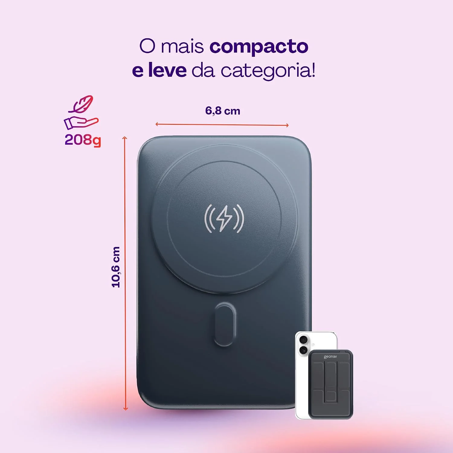 Geonav Power Bank, Carregador Portátil Universal por Indução 10.000mAh, Carregamento rápido, Suporte Dobrável, Compatível com MagSafe, PB10MAGSG, Cinza — foto 2