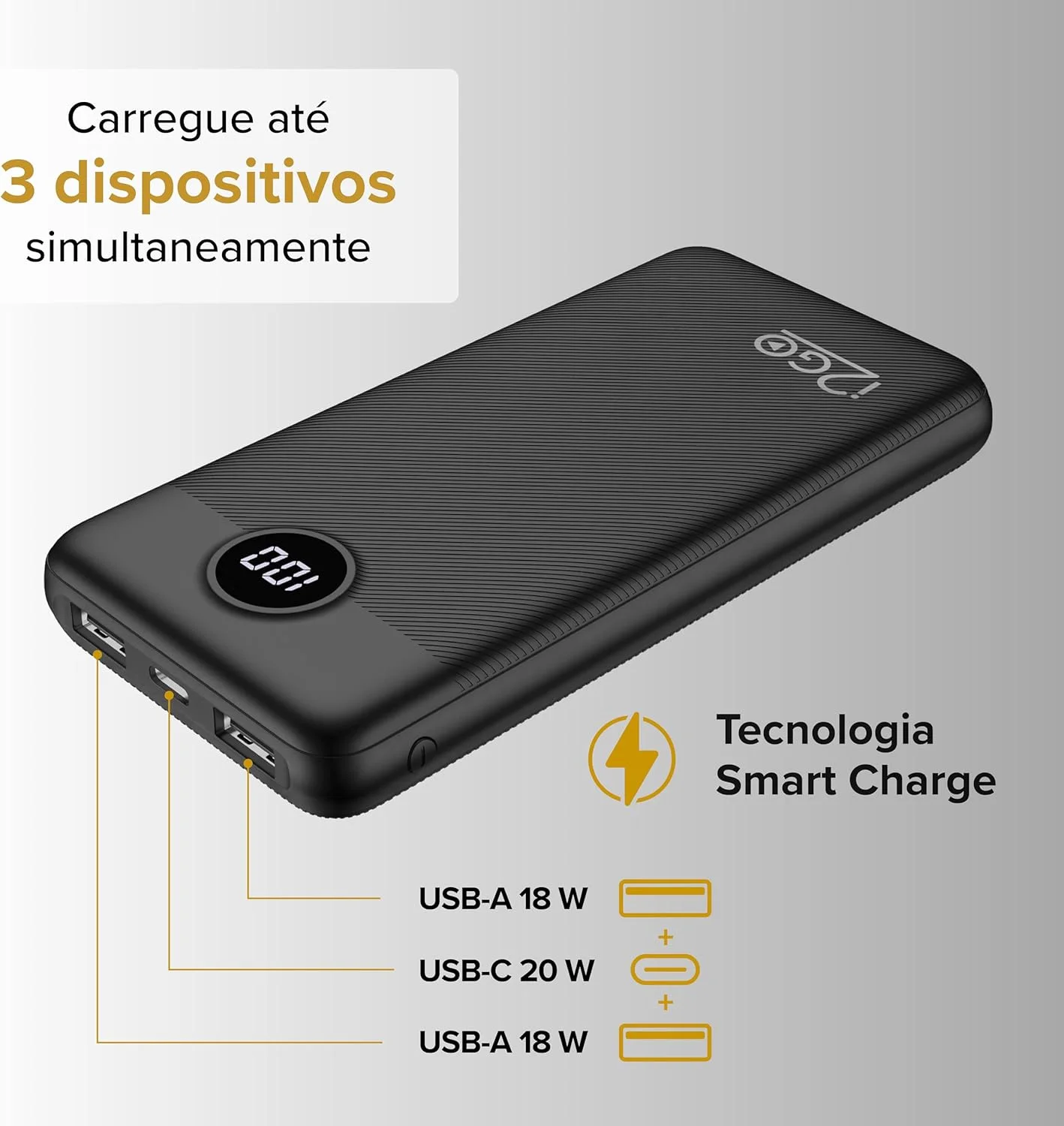 I2GO, Carregador Portátil (Power Bank) Ultra Rápido 20000mAh, Power Delivery 20W, 2 Saídas USB  1 SaídaEntrada USB-C, Preto, i2GO PRO — foto 4