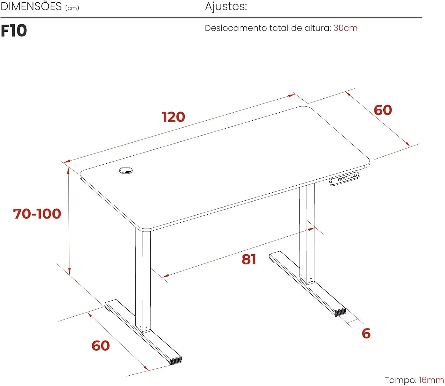 Mesa com Regulagem de Altura DT3 F10 Função memória Sistema anticolisão Apoio com coluna invertida Elevação (Black) — foto 3