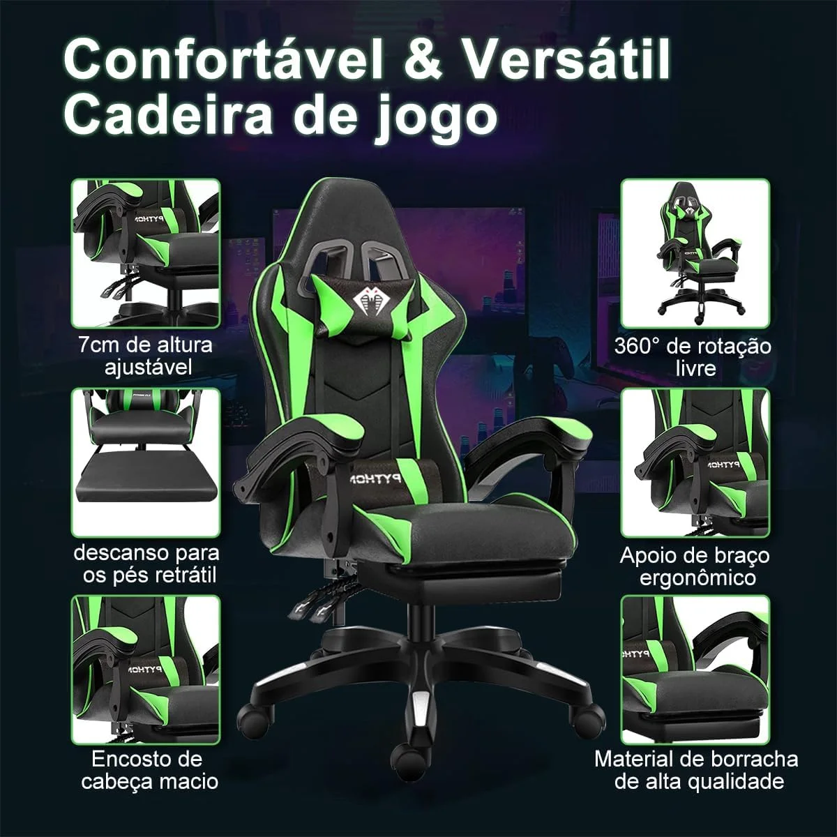 Cadeira Ergonomica Gamer Com Apoio Para Os PésVerde) — foto 3