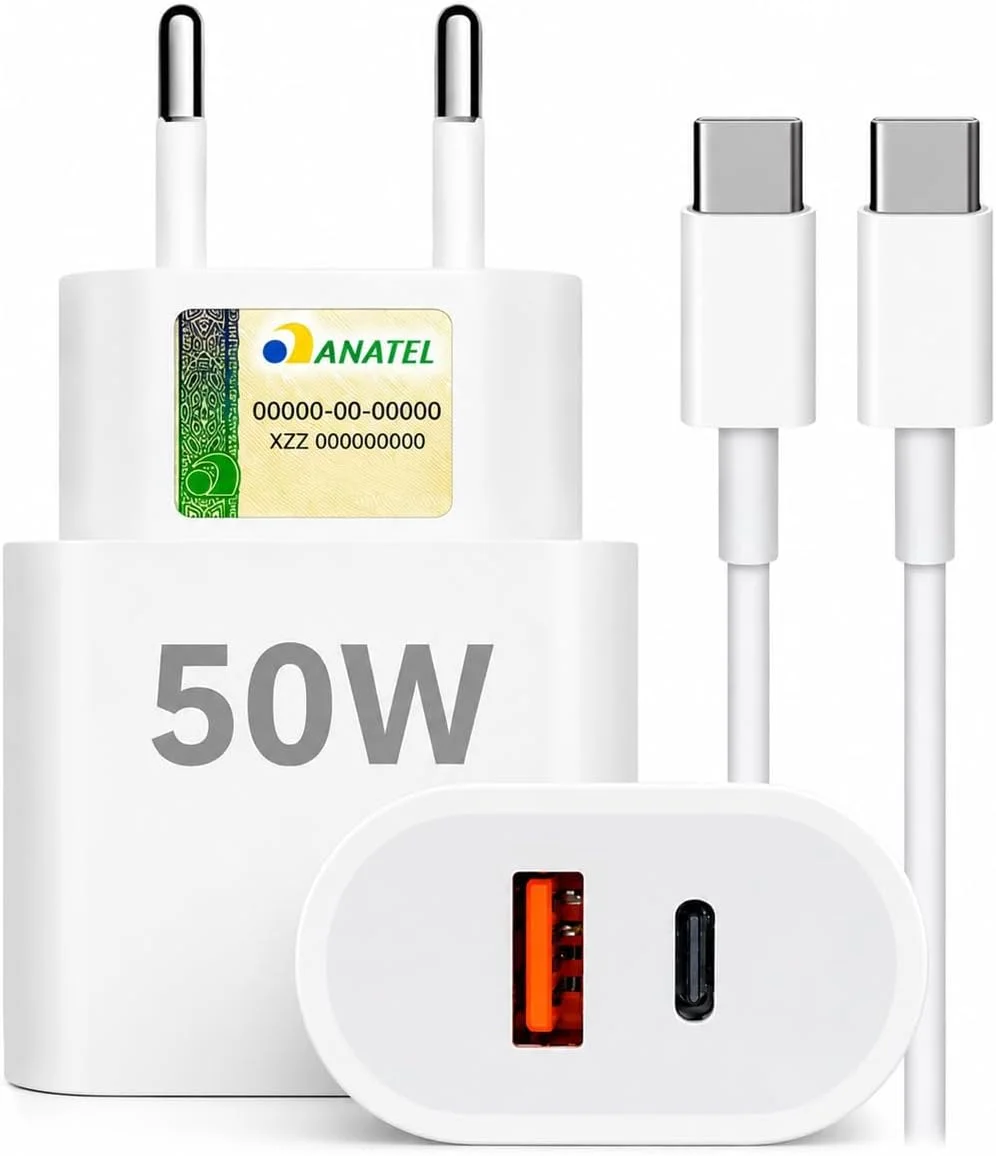 Carregador Rápido 50W  Cabo Tipo C, 2 Entradas USB e USB-C - Fonte de Carregamento Turbo Power Delivery – Dupla Saída para Celulares, Tablets e Dispositivos USB — foto 1