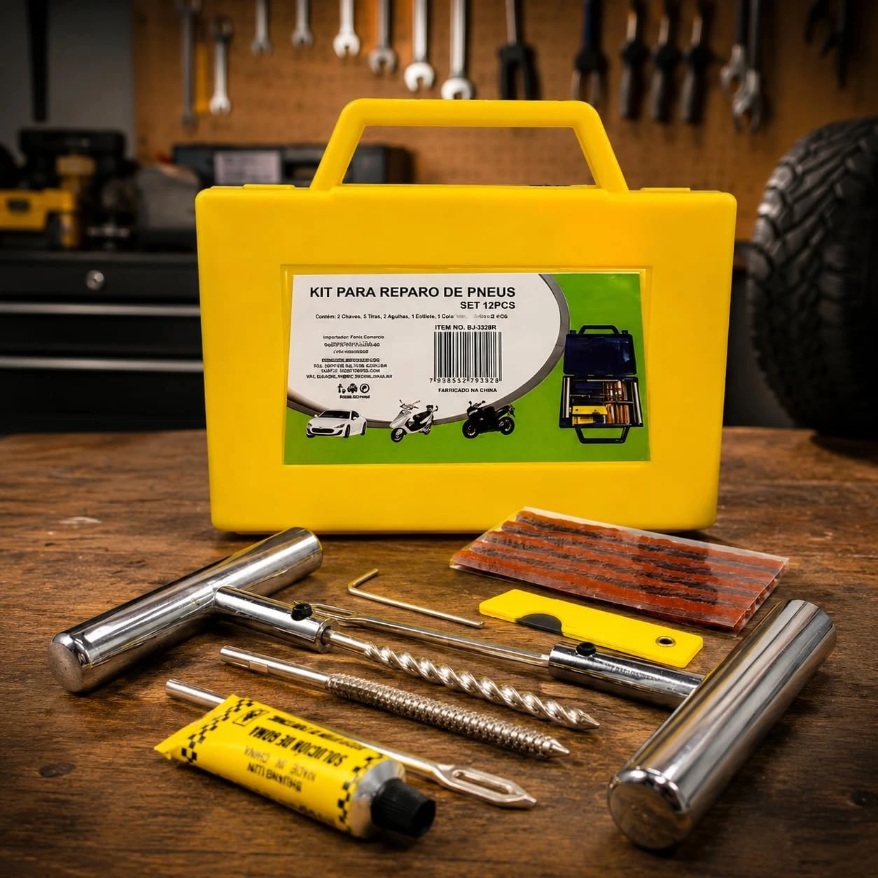 Kit Reparo de Pneu Sem Câmara 12 Peças com Maleta, Macarrão Vulcanizante, Escariador, Aplicador em T, Cola, Estilete, Kit Emergência para Carro, Moto, SUV, Caminhonete e Utilitários Premium — foto 1