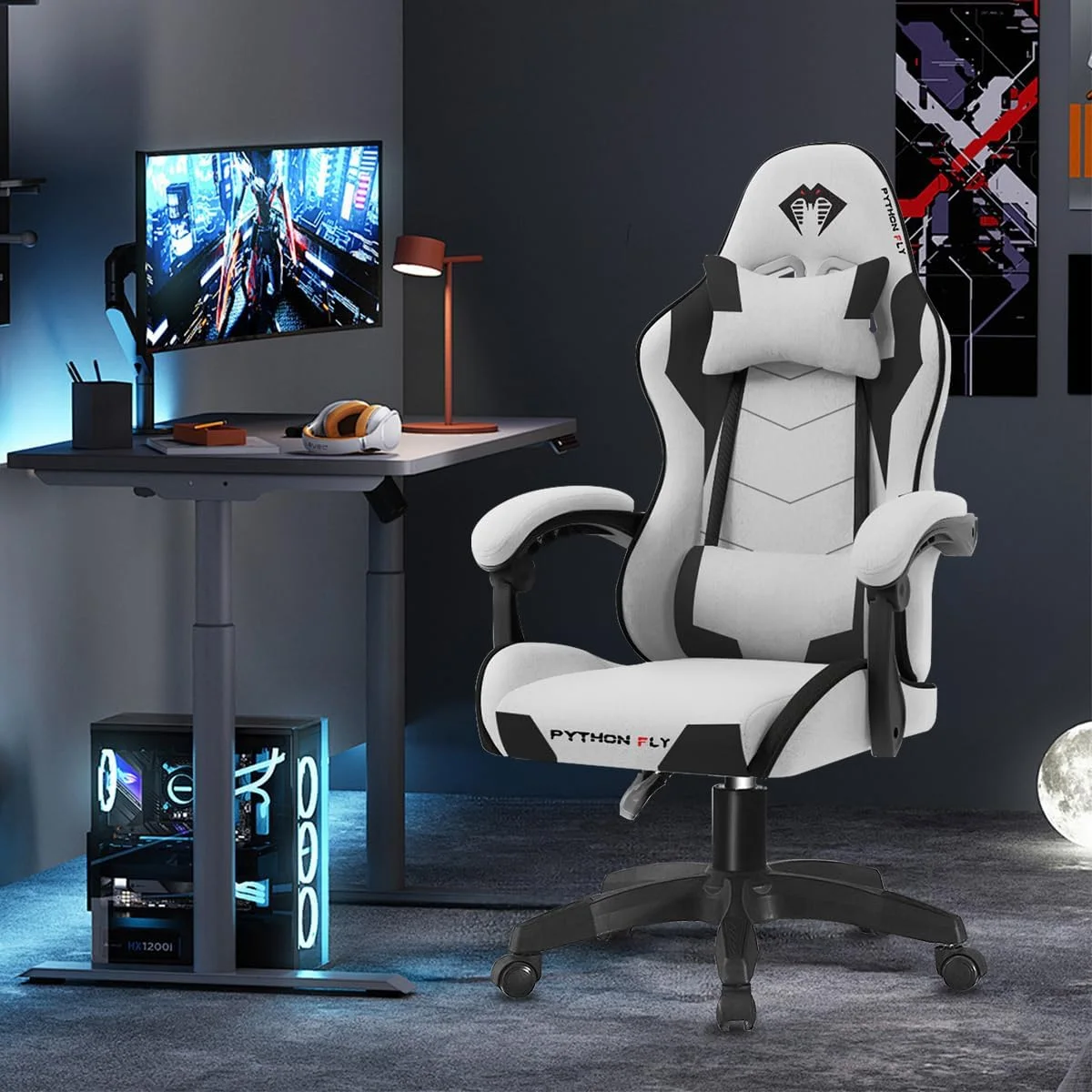 Cadeira Gamer Python Fly em tecido, respirável e ecológica, ângulo ajustável (Cinza Claro) — foto 1
