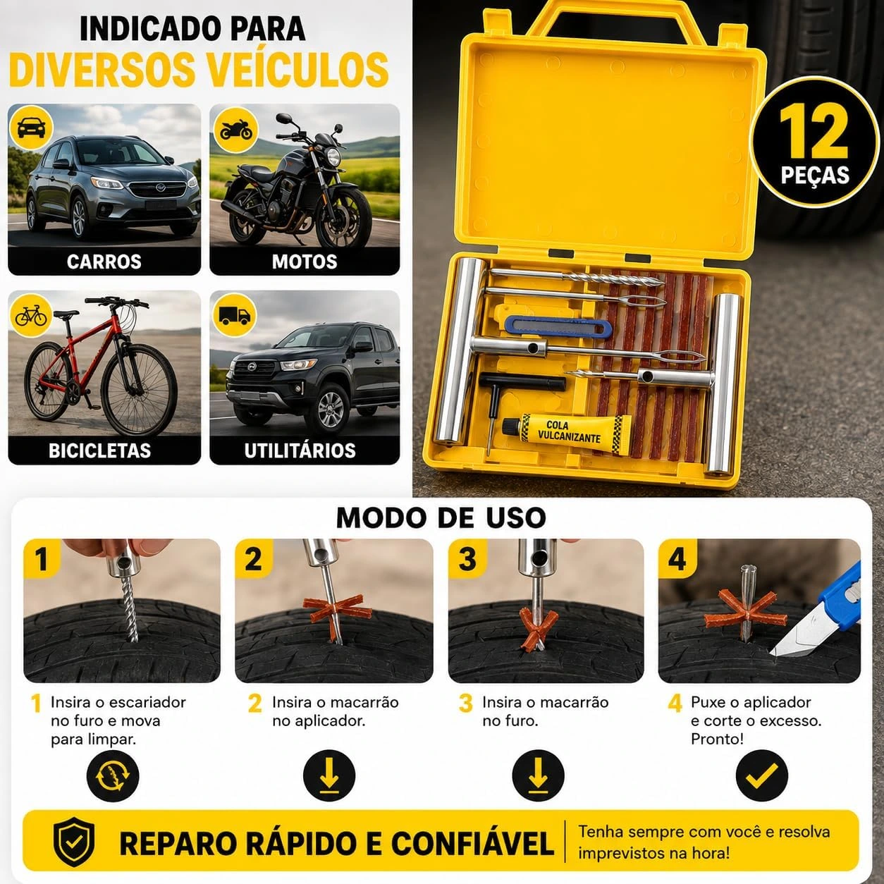 Kit Reparo de Pneu Sem Câmara 12 Peças com Maleta, Macarrão Vulcanizante, Escariador, Aplicador em T, Cola, Estilete, Kit Emergência para Carro, Moto, SUV, Caminhonete e Utilitários Premium — foto 5