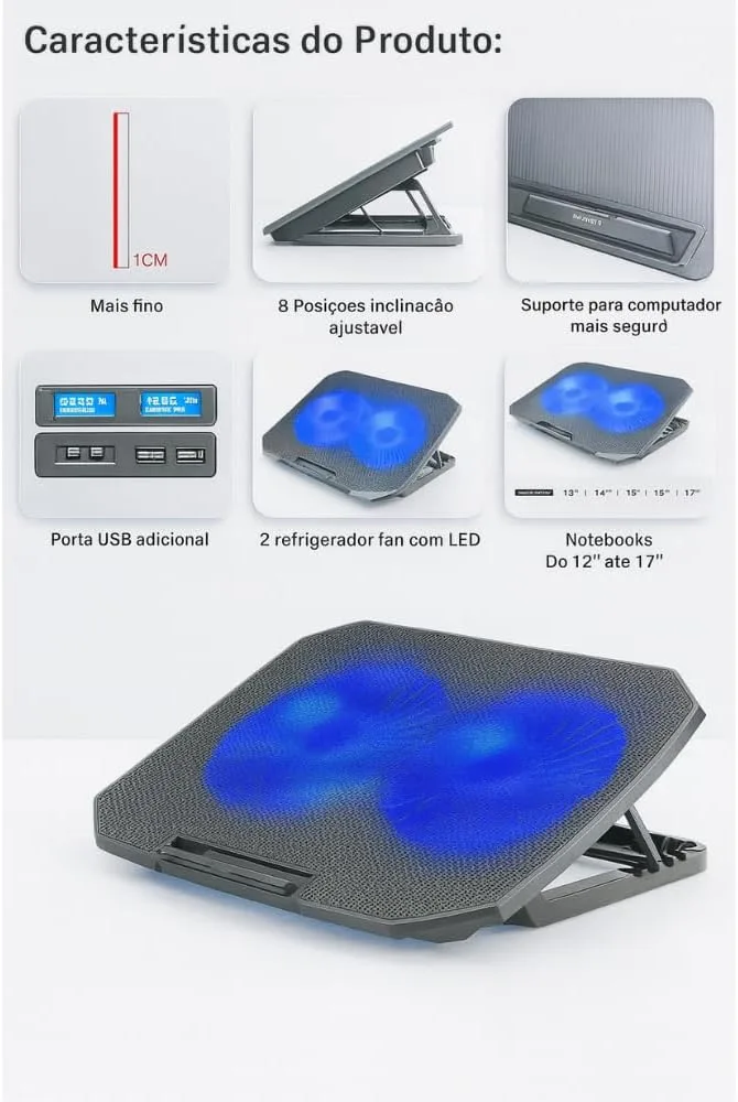 Suporte para Notebook Base Ergonômica Silencioso LED Azul 8 Níveis de Altura Refrigerada com 2 Coolers Potentes e com Suporte de Celular Integrado Premium — foto 5
