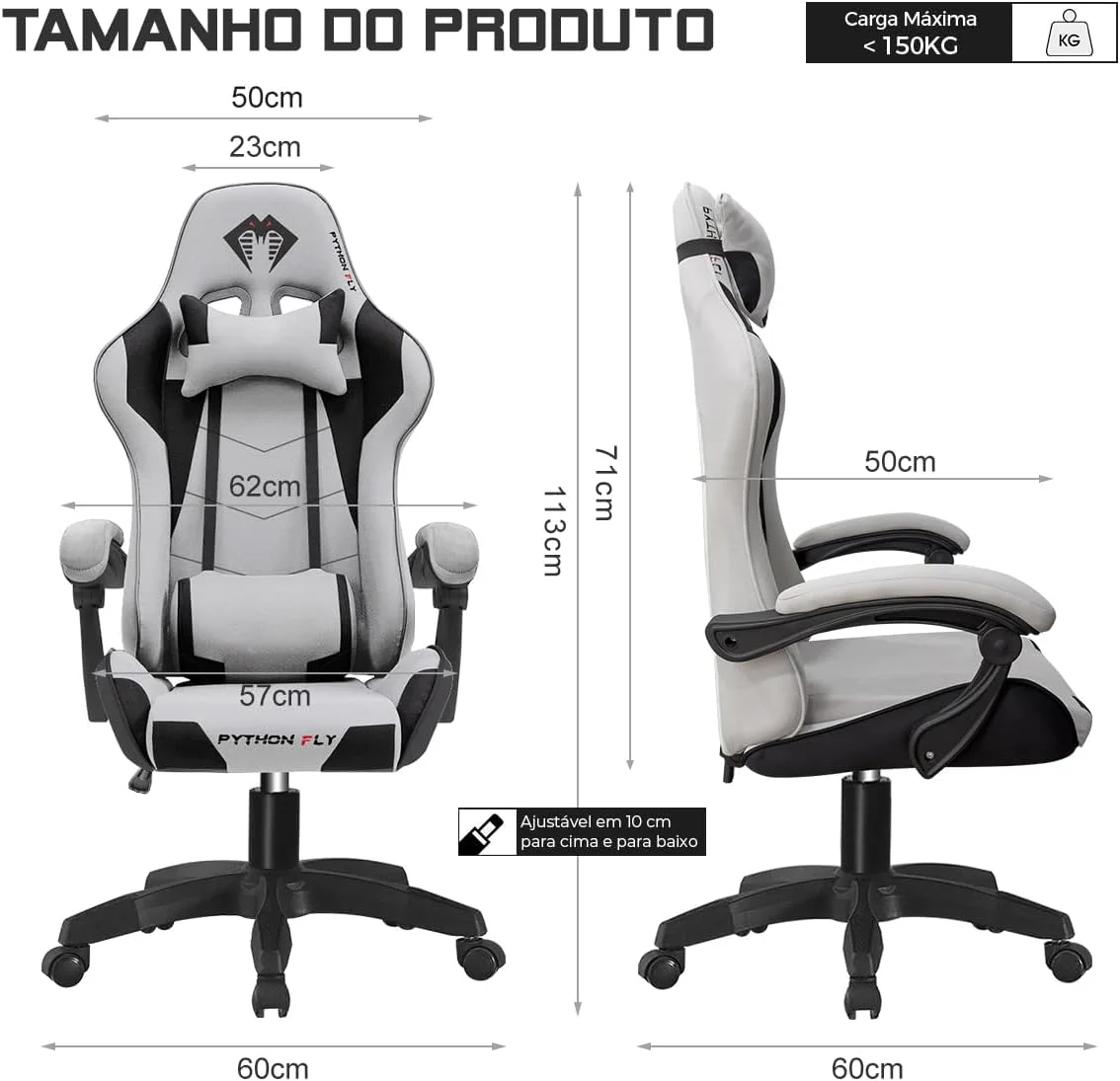 Cadeira Gamer Python Fly em tecido, respirável e ecológica, ângulo ajustável (Cinza Claro) — foto 2