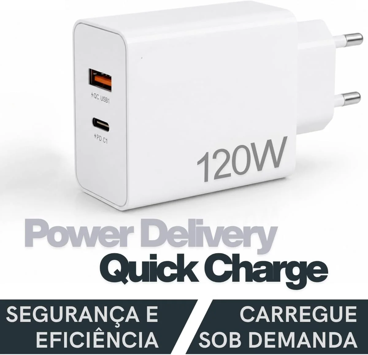 Carregador Super Turbo 120W Dual Port - USB-C Tipo-C e USB-A - Compatível com iPhones, Motorola, Xiaomi, Samsung e mais. Cabo USB-C. Ultra rápido Premium — foto 4
