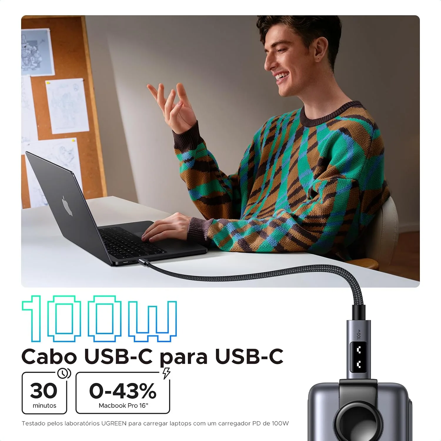 UGREEN Uno Cabo USB-C para USB-C Turbo 100W 2M com Tela — foto 2