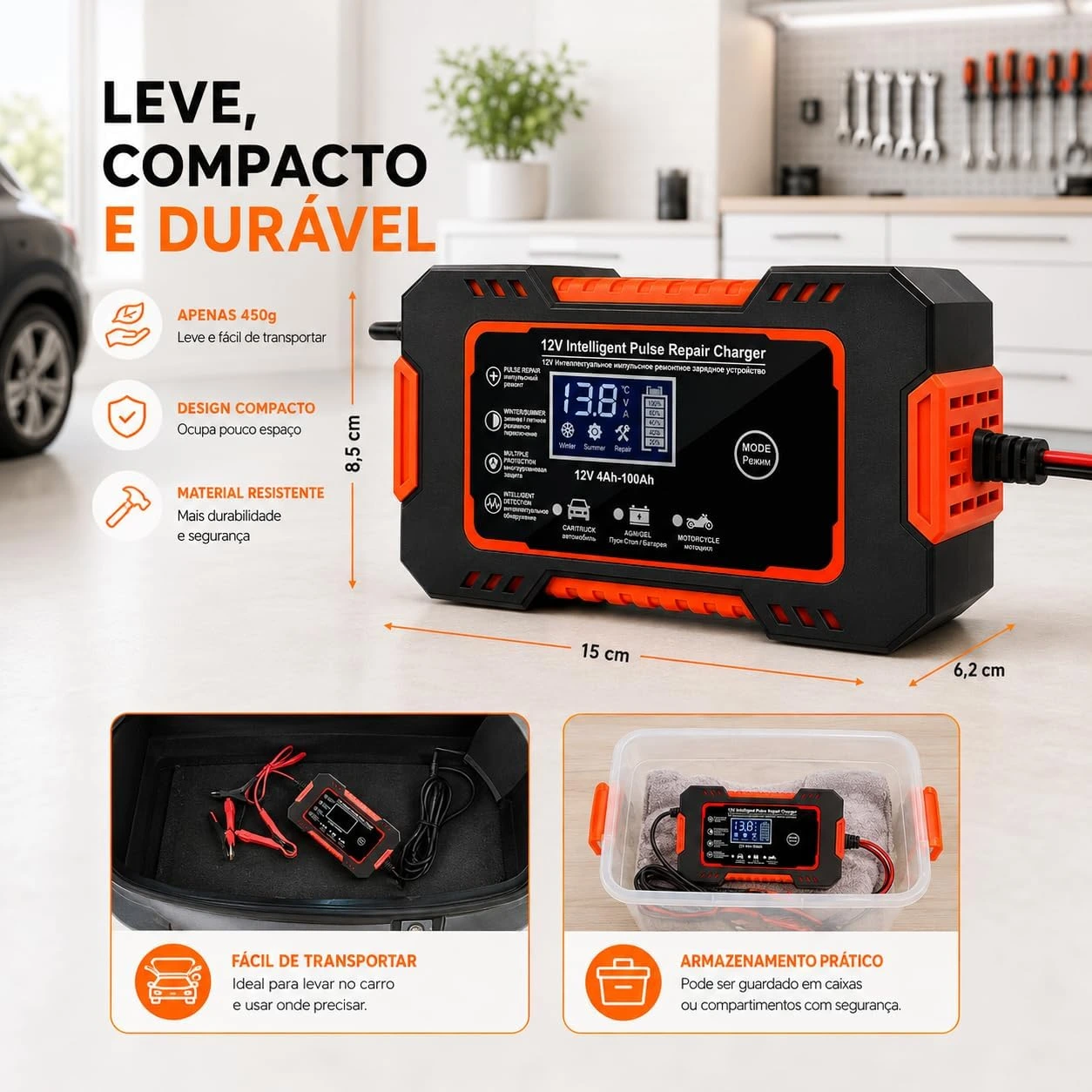 Carregador de Bateria Inteligente 12V 6A Bivolt com Display Digital, Proteção Contra Sobrecarga, Curto-Circuito e Superaquecimento para Carro, Moto e Caminhão — foto 5
