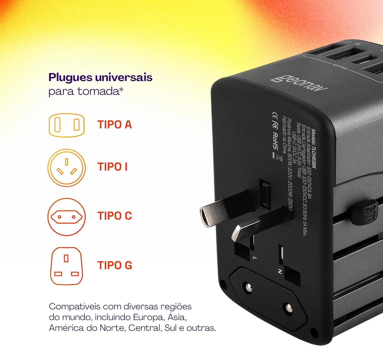 Geonav Carregador Universal com Adaptadores de Viagem, 4 Portas USB  1 USB-C (Preto) — foto 6