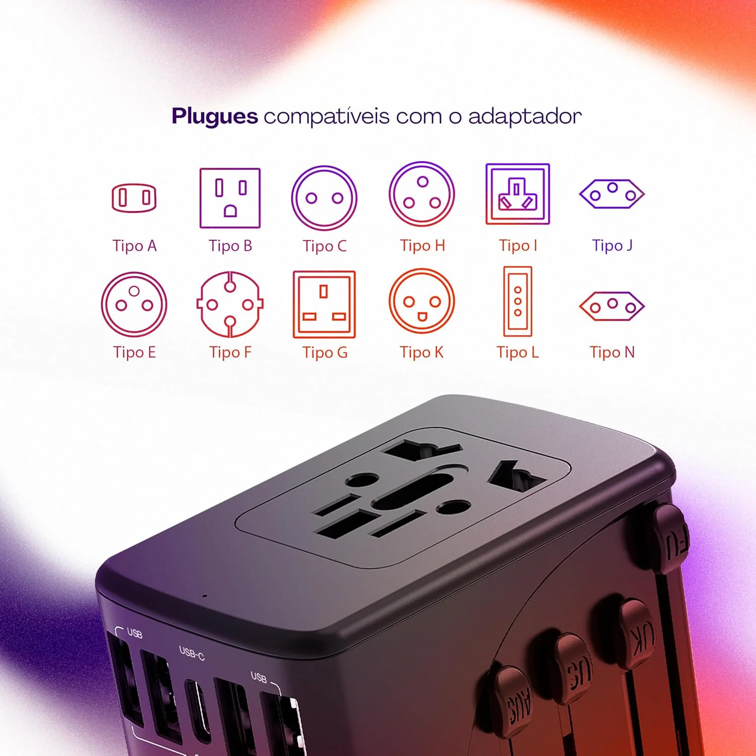 Geonav Carregador Universal com Adaptadores de Viagem, 4 Portas USB  1 USB-C (Preto) — foto 5