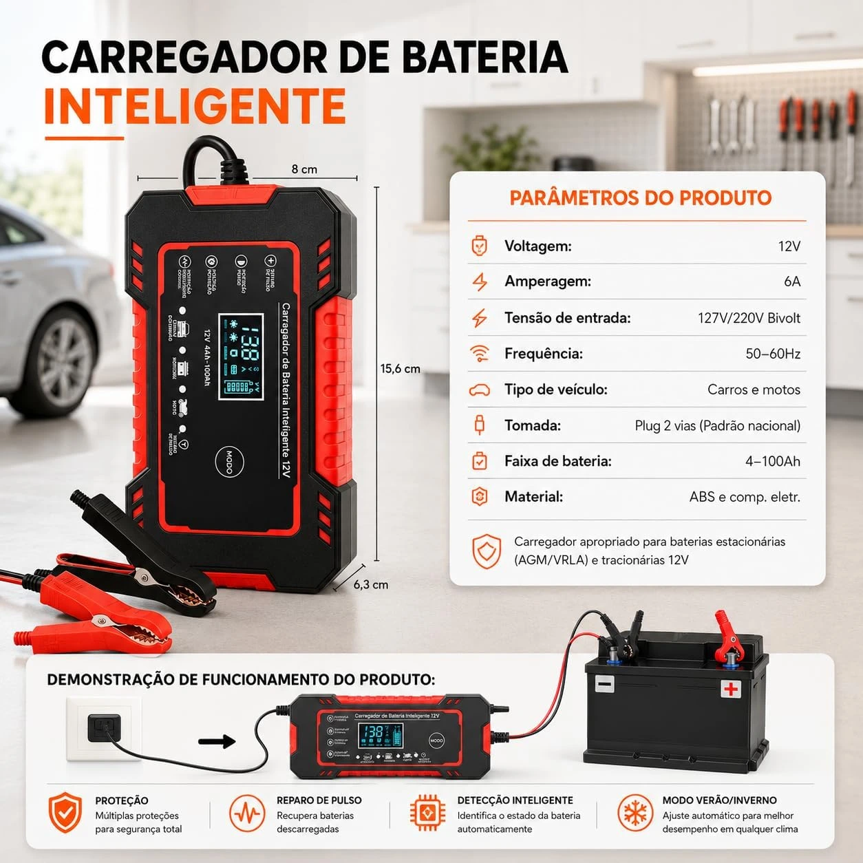 Carregador de Bateria Inteligente 12V 6A Bivolt com Display Digital, Proteção Contra Sobrecarga, Curto-Circuito e Superaquecimento para Carro, Moto e Caminhão — foto 8