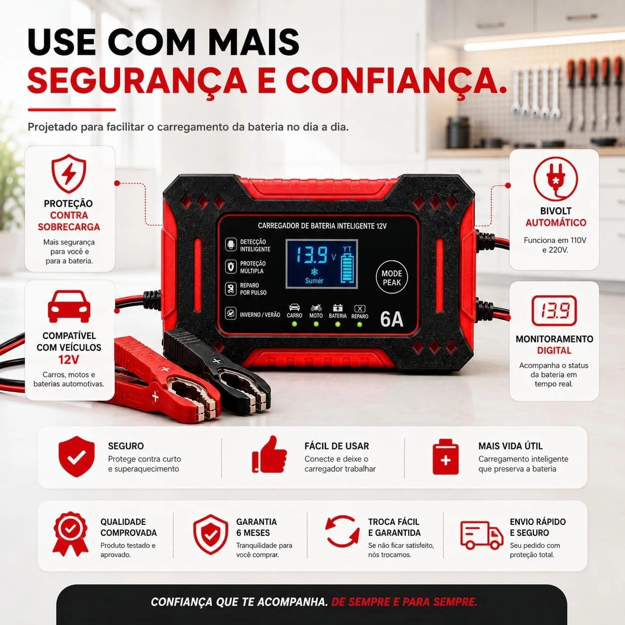 Carregador de Bateria Inteligente 12V 6A Bivolt com Display Digital, Proteção Contra Sobrecarga, Curto-Circuito e Superaquecimento para Carro, Moto e Caminhão — foto 7