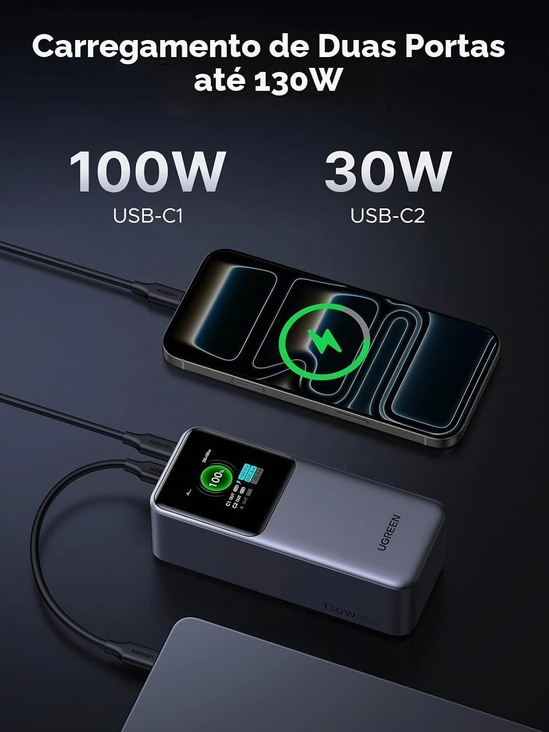 UGREEN Carregador portátil Nexode Power Bank de 130 W 20000 mAh, carregamento rápido, 3 portas, USB C, pacote com bateria de 72 Wh, tela inteligente TFT para MacBook, iPad, iPhone 16 Pro Max, Galaxy — foto 6