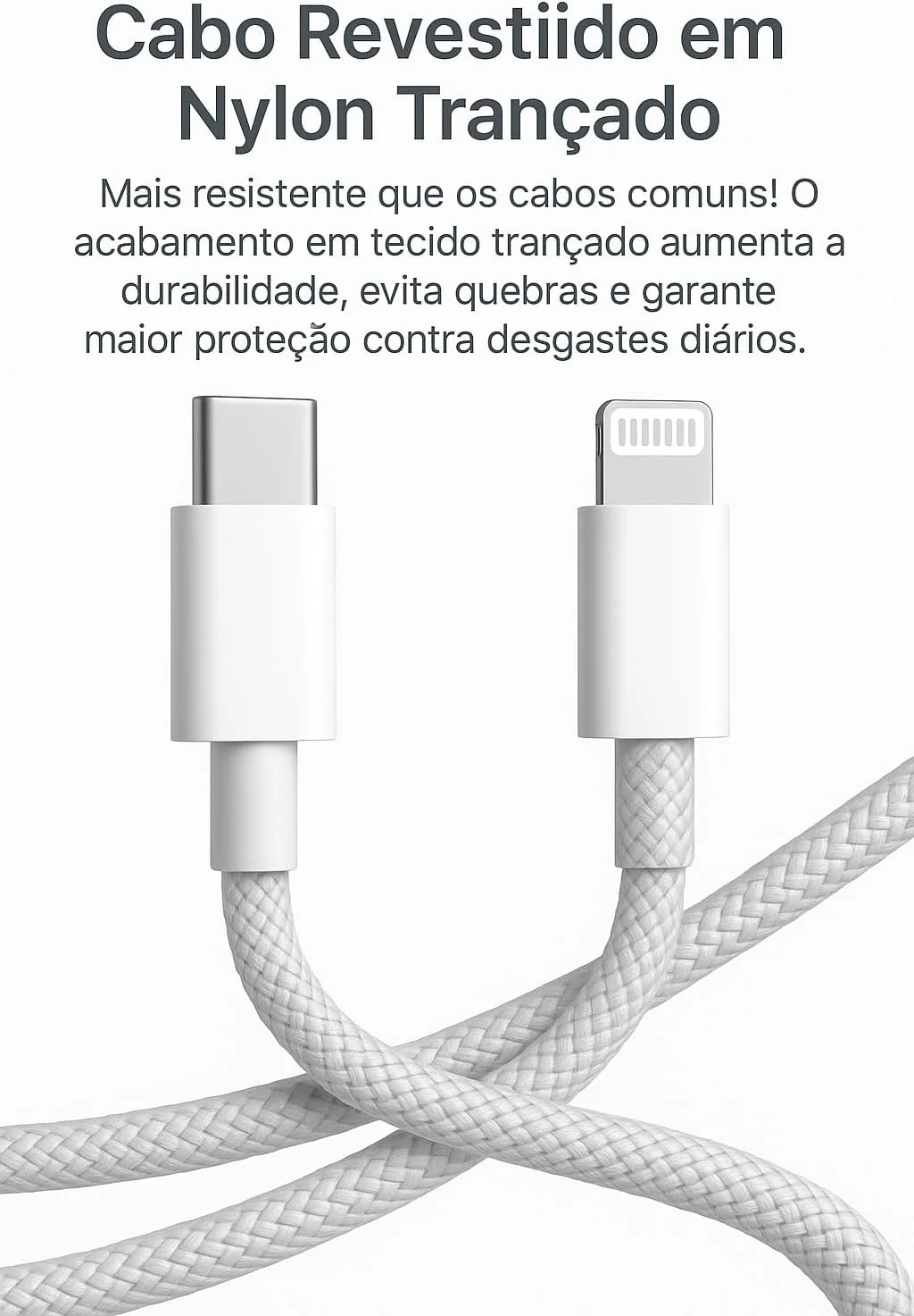 Cabo Carregador Turbo USB-C 1 Metro Trançado De Nylon Branco Compativel Com Iphone 14,13,12,11,X e XR — foto 3