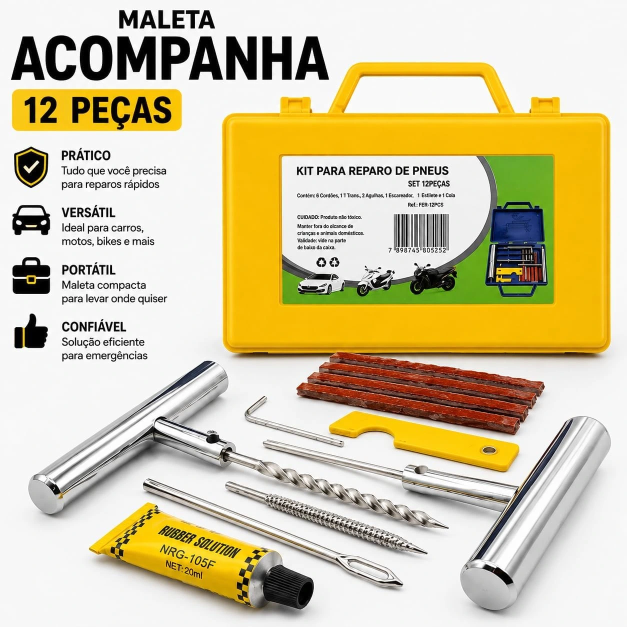 Kit Reparo de Pneu Sem Câmara 12 Peças com Maleta, Macarrão Vulcanizante, Escariador, Aplicador em T, Cola, Estilete, Kit Emergência para Carro, Moto, SUV, Caminhonete e Utilitários Premium — foto 2