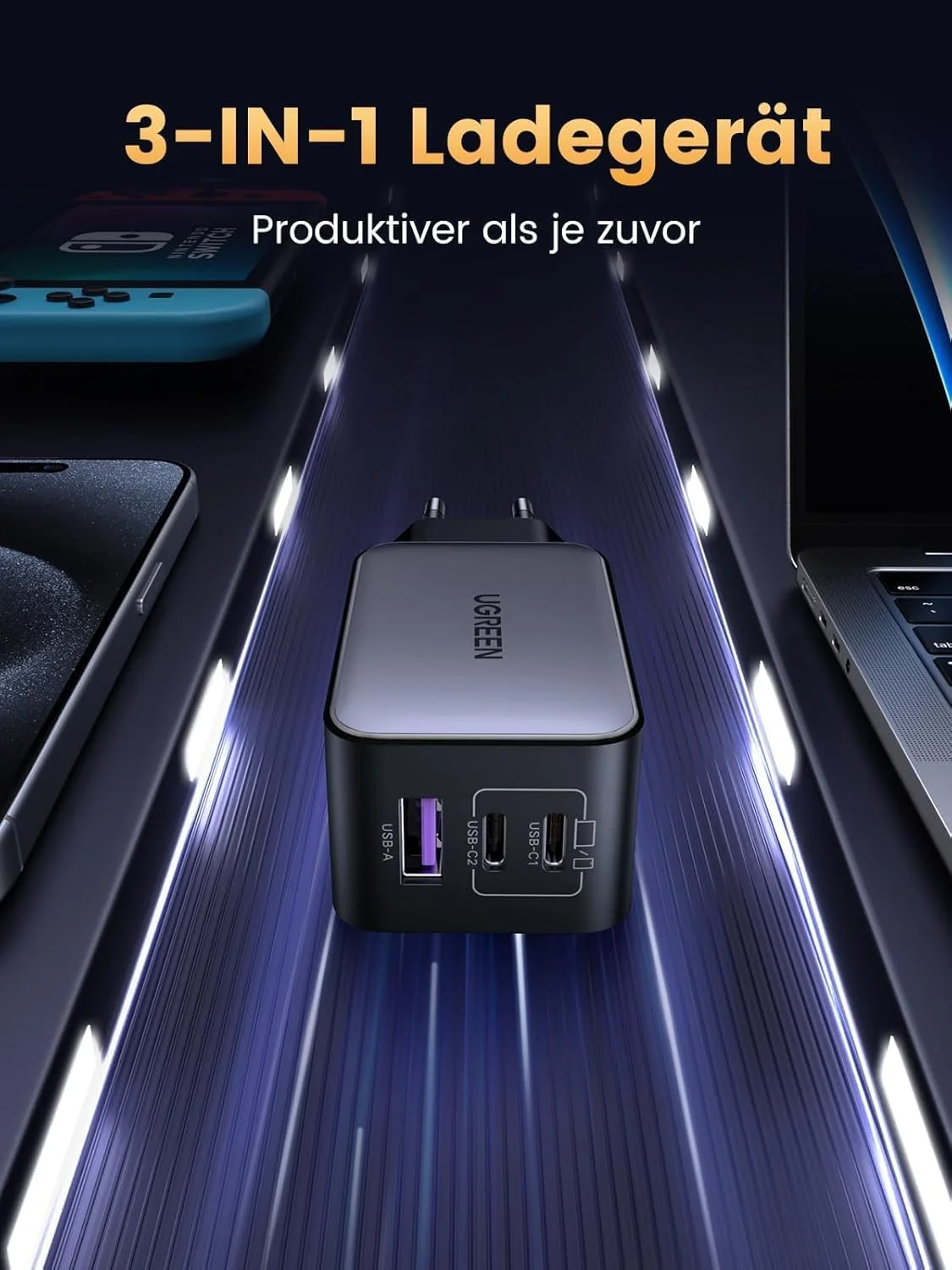 UGREEN Carregador 65W USB C - Fonte de Alimentação USB Tipo C - Carregador de 3 Portas - PD Rápido GaN - Suporta 20W USB C - Compatível com MacBook ProAir, iPhone 15141311 iPad, Samsung, XiaoMi — foto 3
