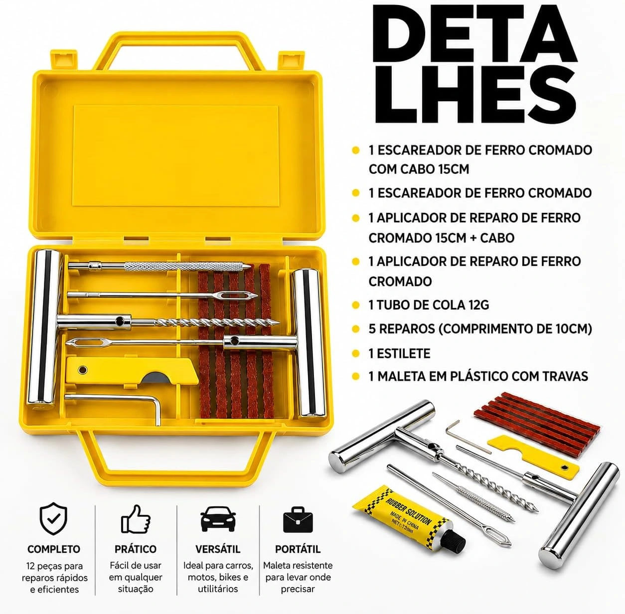 Kit Reparo de Pneu Sem Câmara 12 Peças com Maleta, Macarrão Vulcanizante, Escariador, Aplicador em T, Cola, Estilete, Kit Emergência para Carro, Moto, SUV, Caminhonete e Utilitários Premium — foto 8