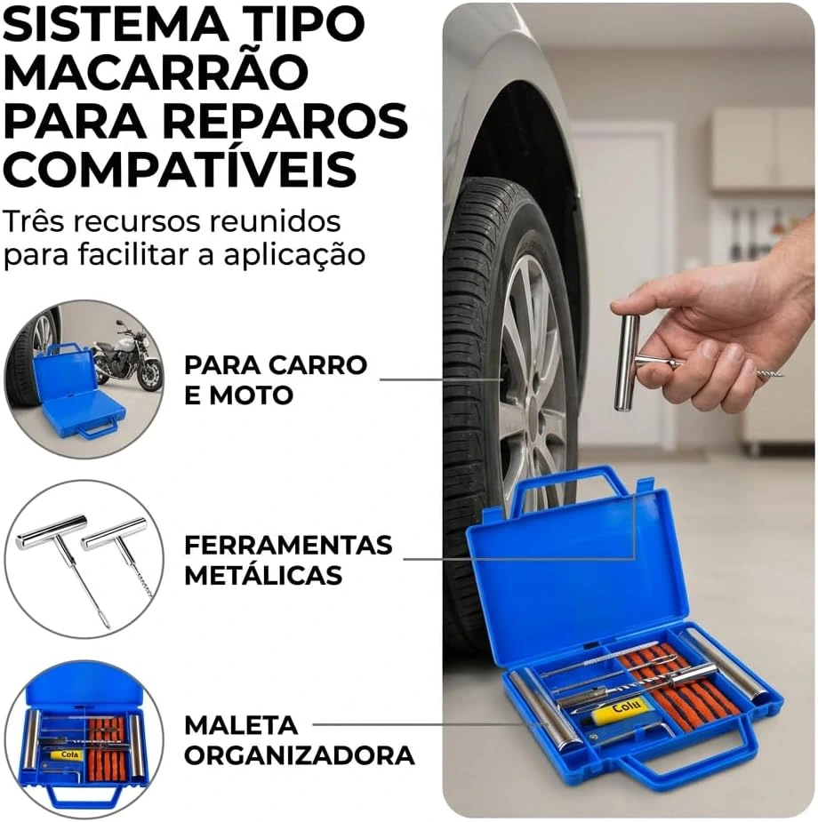 Kit Reparo de Pneu 12 Peças com Maleta Macarrão Carro Moto Bike sem Câmara — foto 7